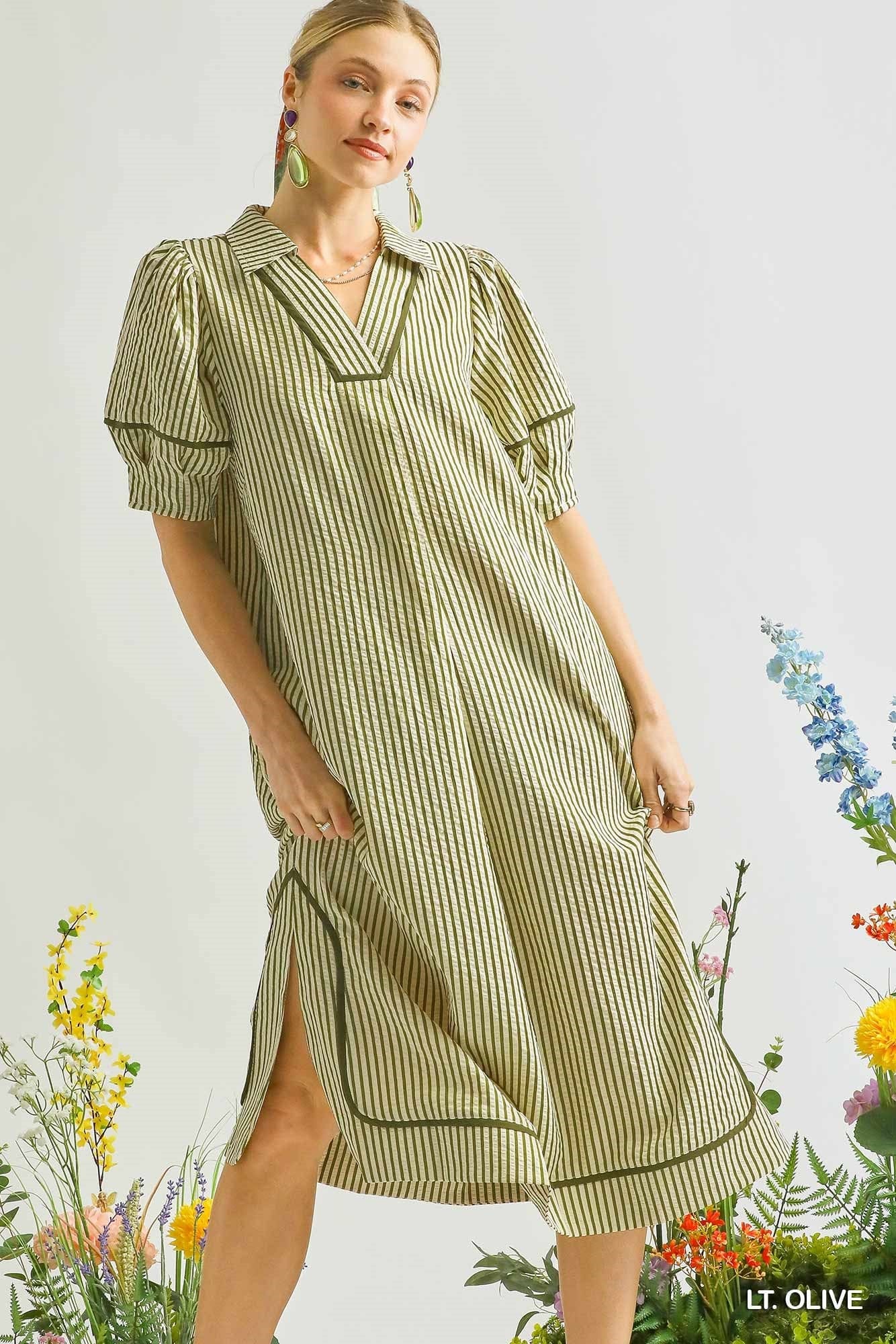 Striped Midi Dress with Puff Sleeves Umgee