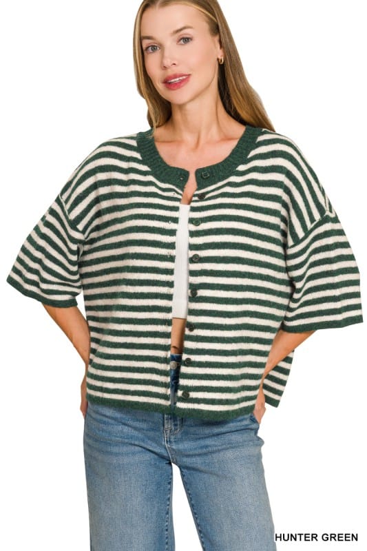Striped Wool Blend Half Sleeve Cardigan Sweater ZENANA