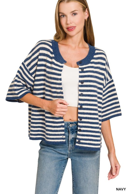 Striped Wool Blend Half Sleeve Cardigan Sweater ZENANA