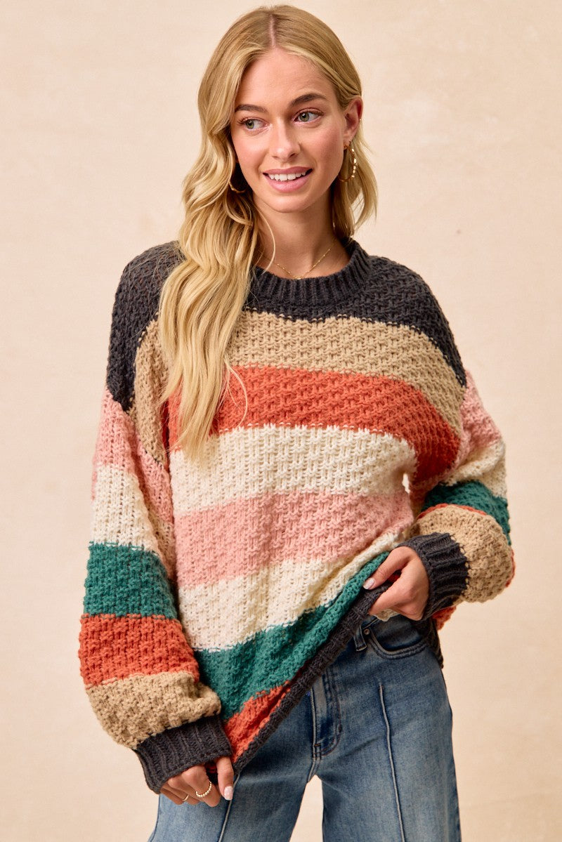 STRIPES COLOR BLOCK CHUNKY SWEATER PULLOVER-Bibi Bibi