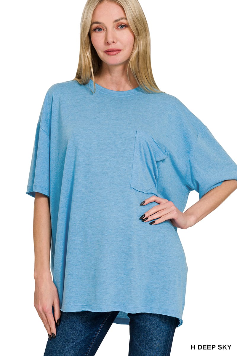 TRI BLEND OVERSIZED FRONT POCKET BOYFRIEND TEE ZENANA Deep Sky Blue / S/M CRT-3172A-5