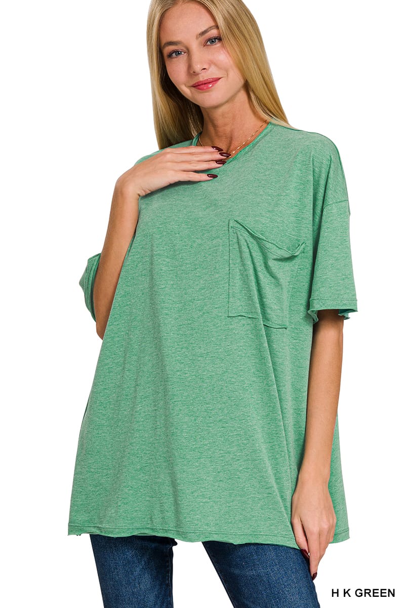 TRI BLEND OVERSIZED FRONT POCKET BOYFRIEND TEE ZENANA Kelly Green / S/M