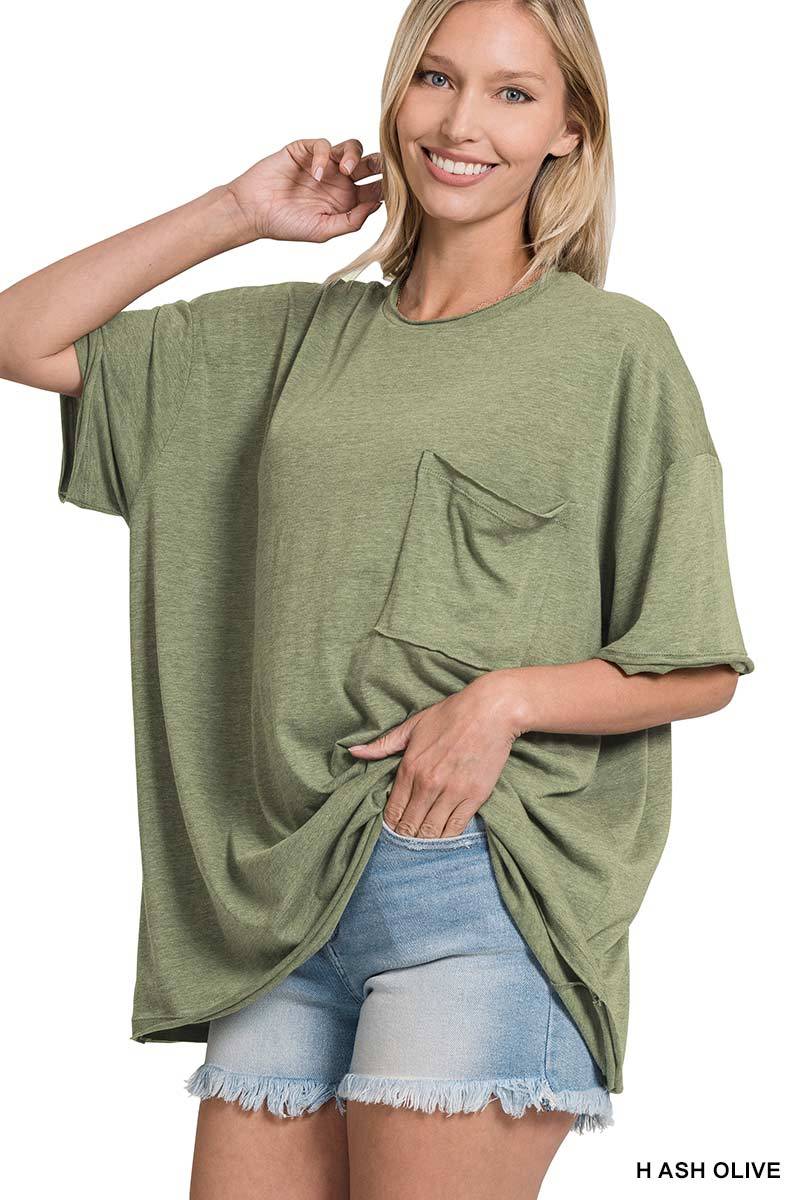 TRI BLEND OVERSIZED FRONT POCKET BOYFRIEND TEE ZENANA OLIVE / S/M CRT-3172A-3