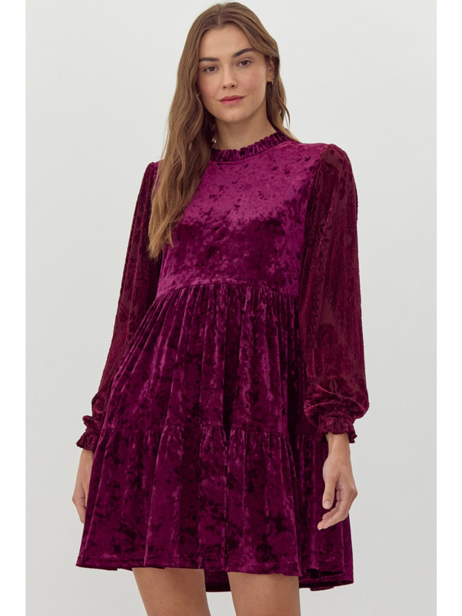 Velvet Baby Doll Dress-Wine JODIFL