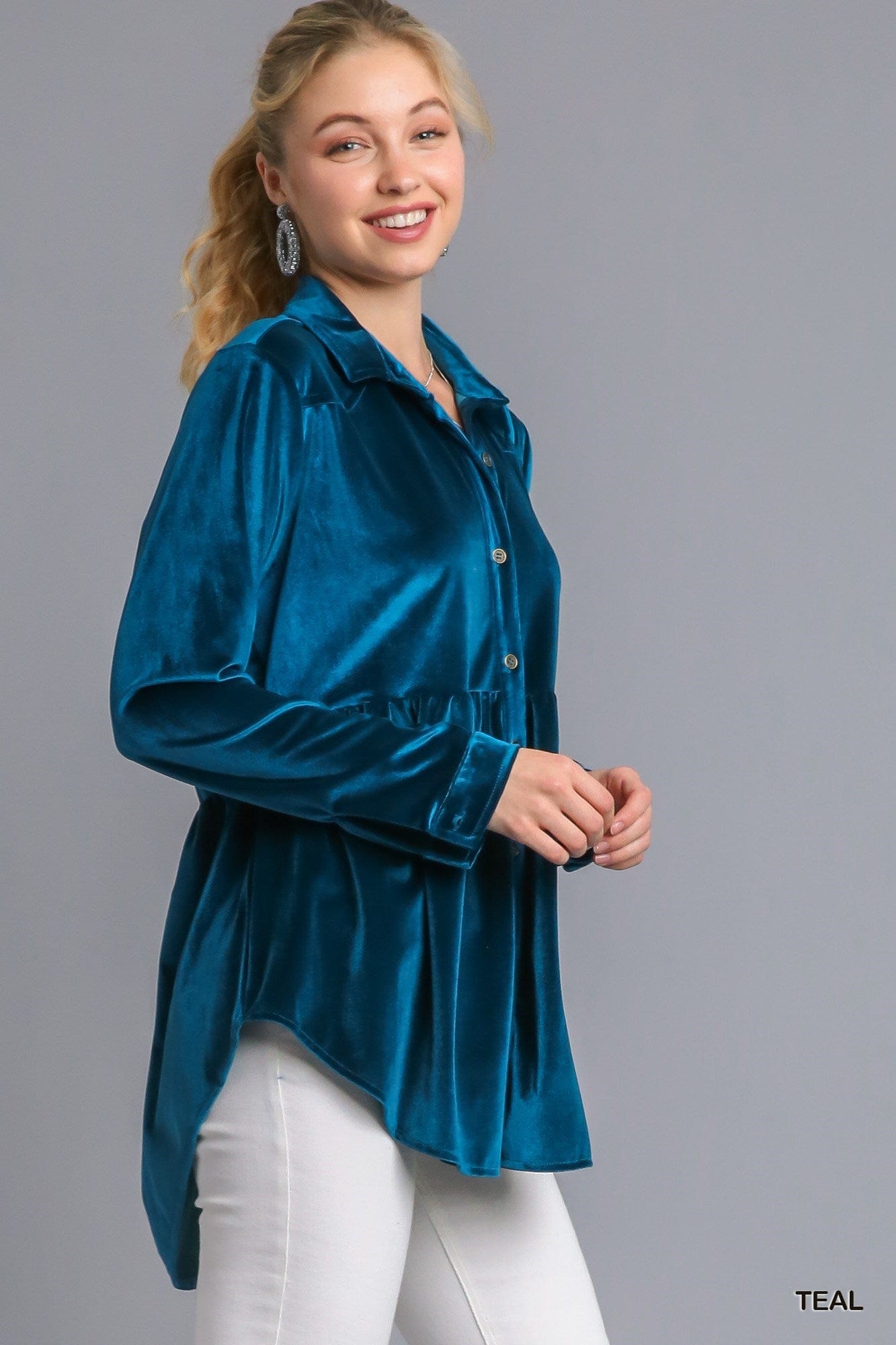 Velvet Collar Button Down Long Sleeve Tunic Dress with High Low Hem-Teal UMGEE