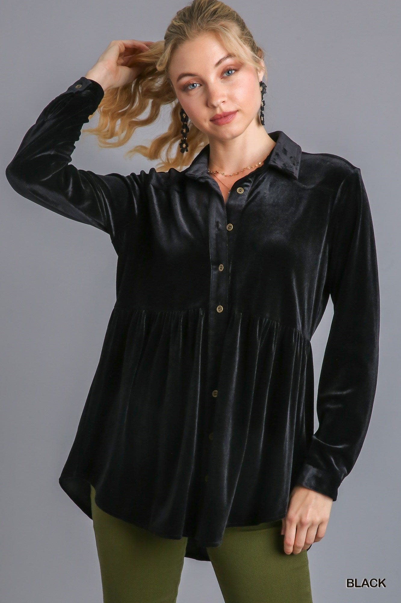 Velvet Collar Button Down Long Sleeve Tunic Dress with High Low Hem UMGEE