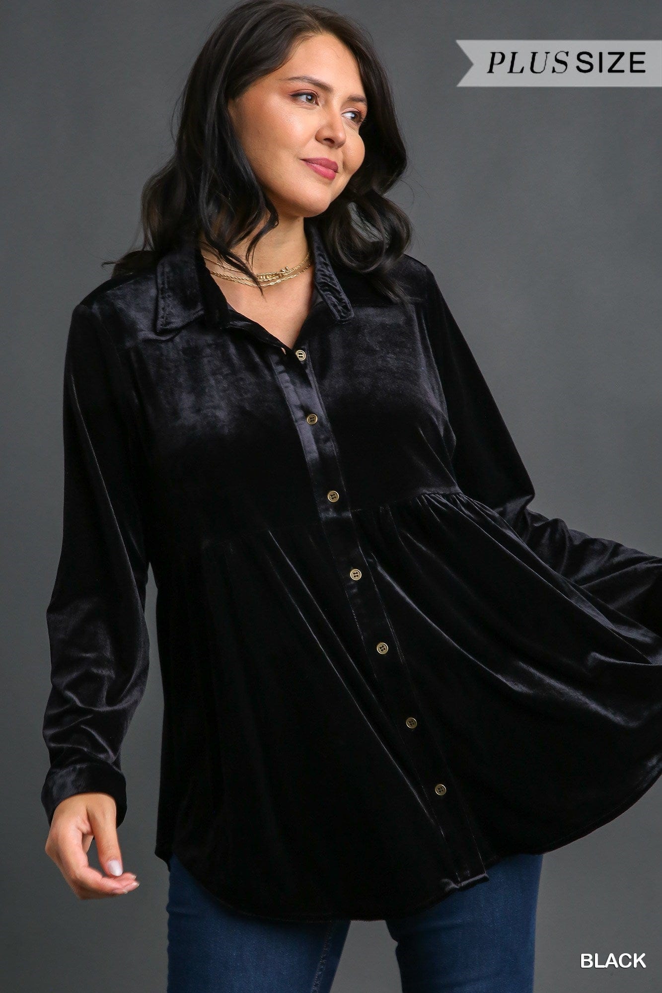 Velvet Collar Button Down Long Sleeve Tunic Dress with High Low Hem UMGEE