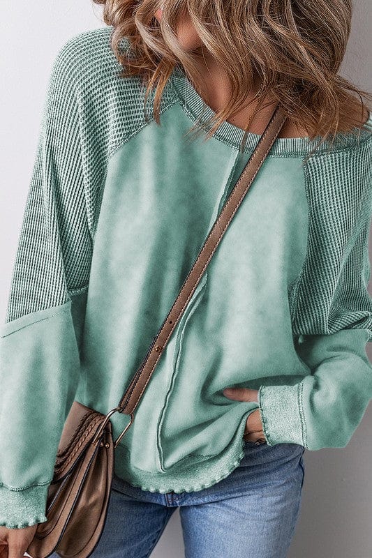 Waffle Patchwork Sleeve Exposed Seam Sweatshirt SHEWIN INC. GREEN SW25317848-P904 / S 2000002330636