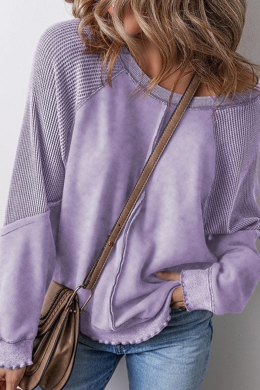 Waffle Patchwork Sleeve Exposed Seam Sweatshirt SHEWIN INC. PURPLE SW25317848-P708 / S 2000002330644