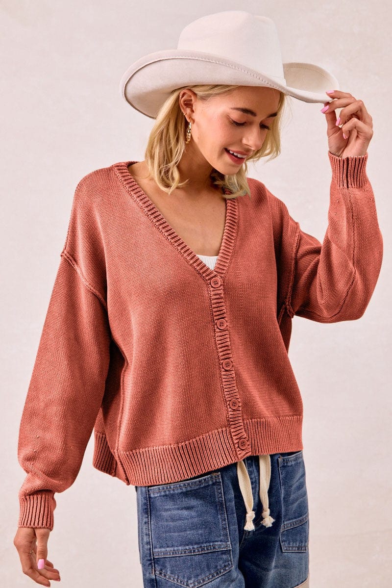 Washed Sweater V Neck Cardigan-Bibi Bibi