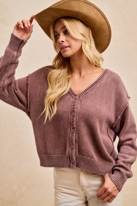Washed Sweater V Neck Cardigan-Bibi Bibi