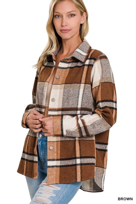 Yarn Dyed Plaid Shacket ZENANA BROWN / S 1000001790323