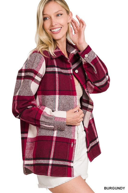 Yarn Dyed Plaid Shacket ZENANA BURGUNDY / S 1000001790327