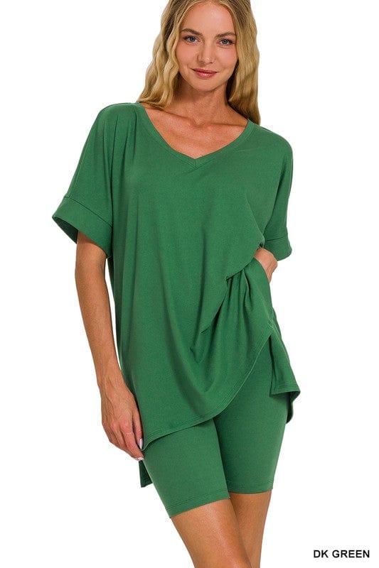 ZENANA BRUSHED DTY MICROFIBER V-NECK TOP & BIKER SHORTS-Dk Green Zenana